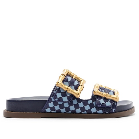 SCHUTZ Enola Sporty Blue Leather Bamboo Gold Buckle Sandal Slide 8.5 - Picture 2 of 11